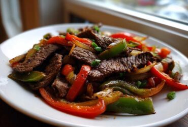 Close-up of sizzling steak fajitas with colorful strips of red and green bell peppers and onions on a white plate.