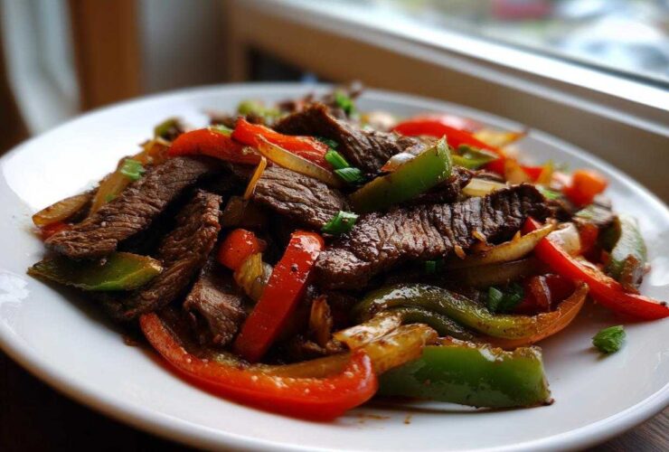 Close-up of sizzling steak fajitas with colorful strips of red and green bell peppers and onions on a white plate.