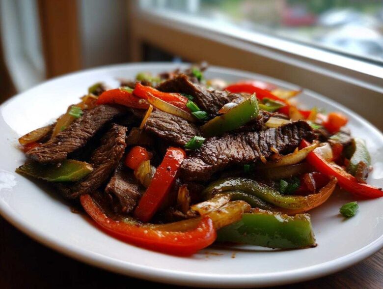 Close-up of sizzling steak fajitas with colorful strips of red and green bell peppers and onions on a white plate.