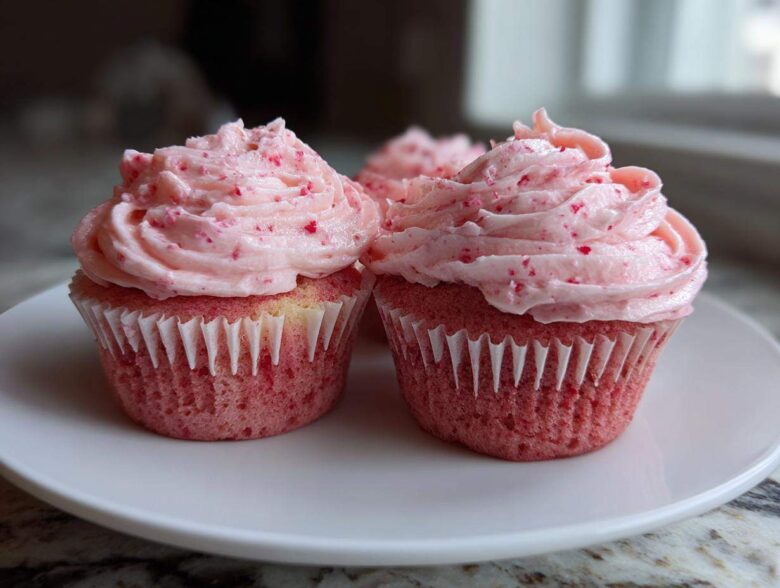 Two perfectly frosted strawberry cupcakes with pink frosting flecked with red pieces, sitting on a white plate.