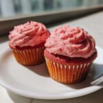 Close-up of two vibrant strawberry cupcakes with thick pink frosting speckled with strawberry pieces.