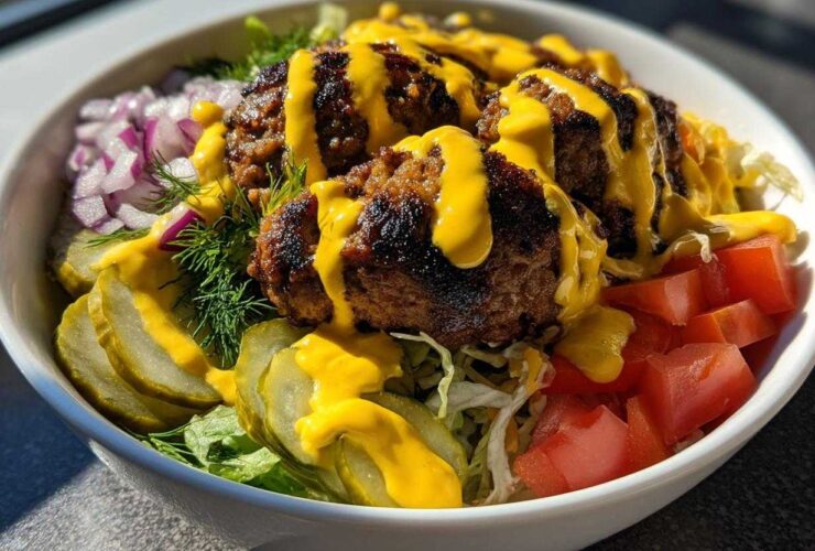 Close-up of a white bowl filled with a cheeseburger bowl featuring seasoned meat patties, pickles, tomatoes, onions, and bright yellow sauce.
