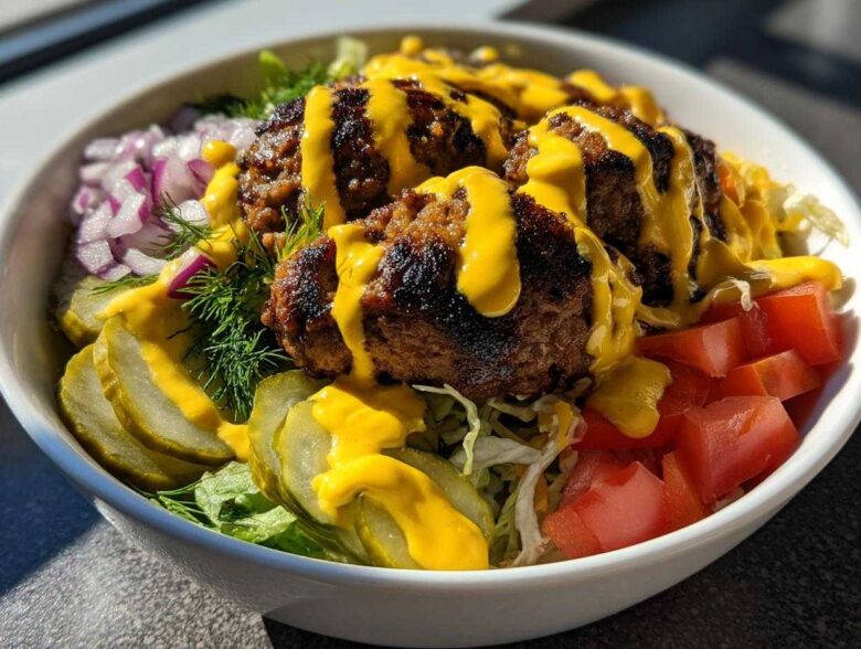 Close-up of a white bowl filled with a cheeseburger bowl featuring seasoned meat patties, pickles, tomatoes, onions, and bright yellow sauce.