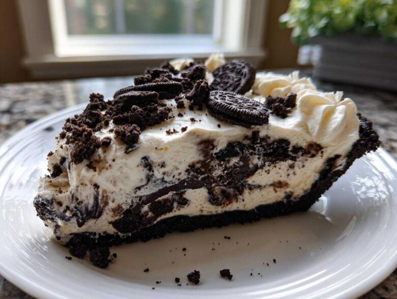 A generous slice of creamy, no-bake Oreo pie with a dark crust, topped with whipped cream and cookie pieces.