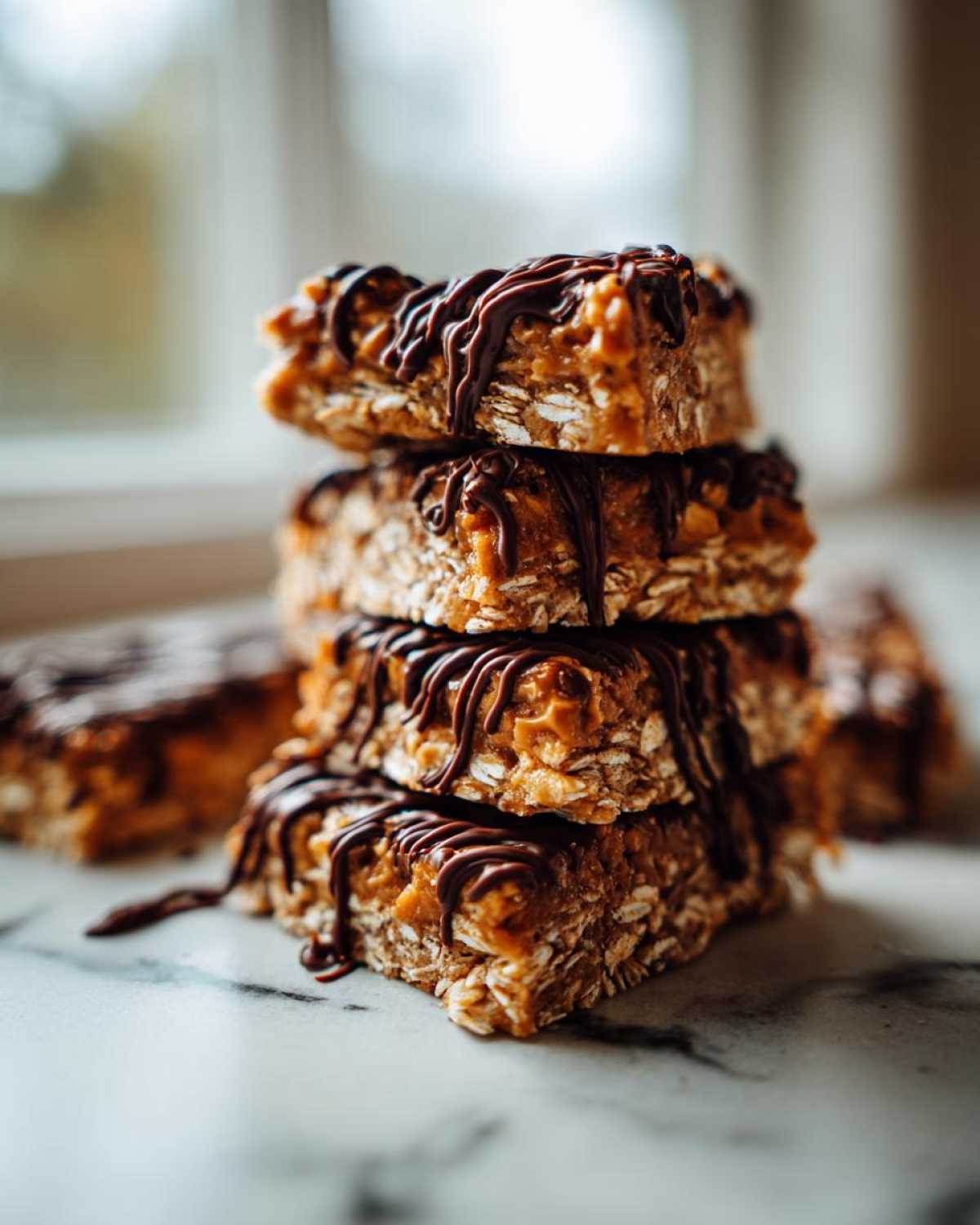 A stack of four homemade protein bars made with oats and drizzled generously with melted dark chocolate.