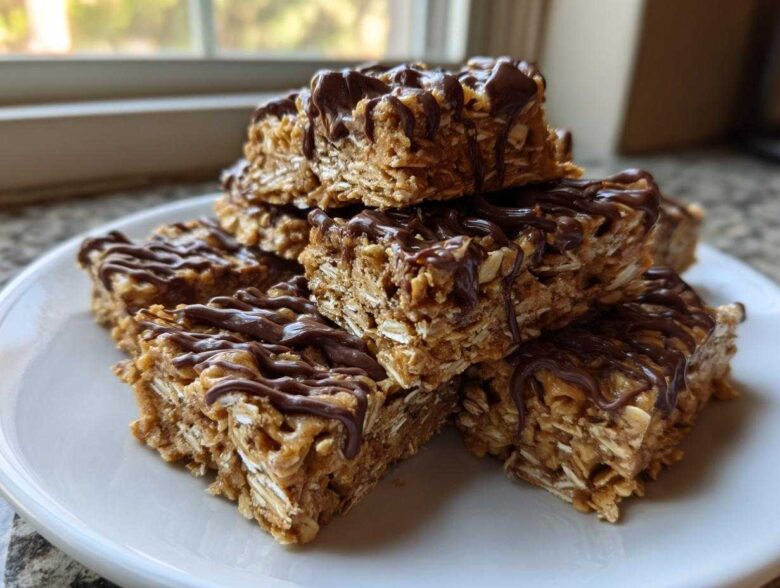 A stack of homemade 5-ingredient protein bars made with oats and drizzled generously with melted chocolate.