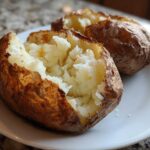 Two perfectly cooked air fryer baked potato halves showing fluffy interior on a white plate.