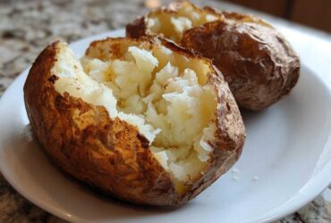 Two perfectly cooked air fryer baked potato halves showing fluffy interior on a white plate.