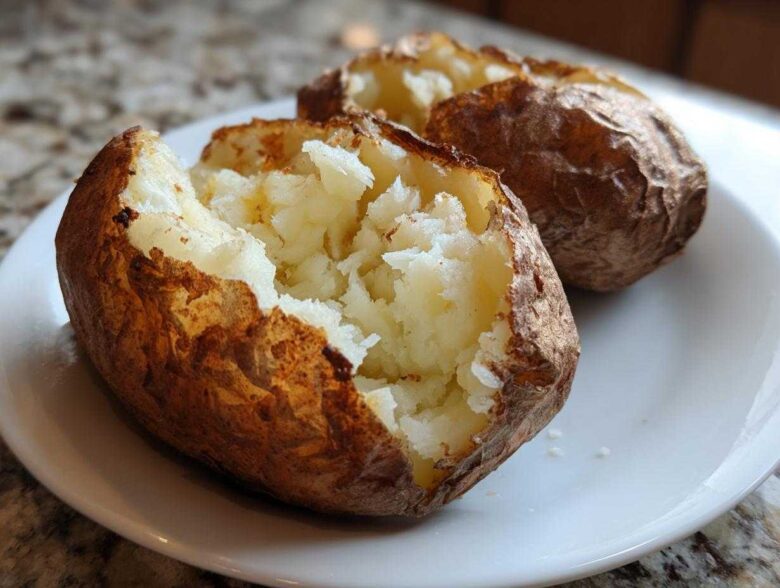 Two perfectly cooked air fryer baked potato halves showing fluffy interior on a white plate.