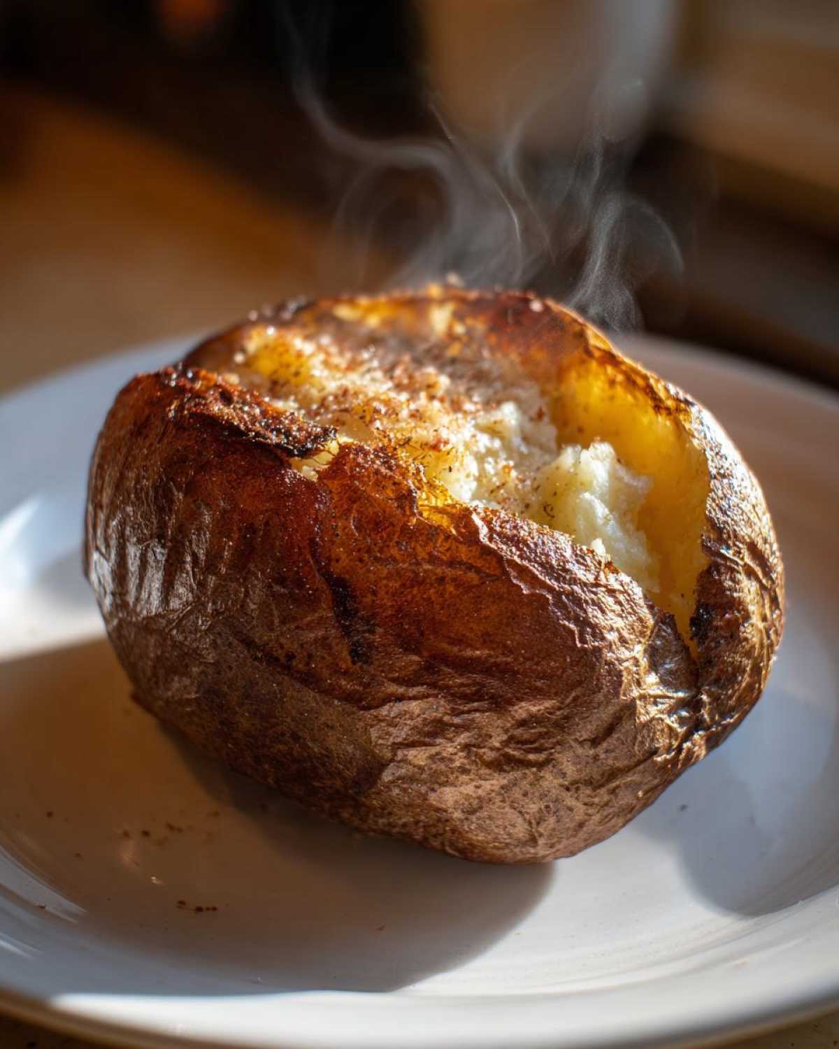 A perfectly cooked, steaming hot air fryer baked potato with a crispy, browned skin resting on a white plate.