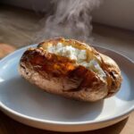 A perfectly cooked, steaming air fryer baked potato split open and filled with fluffy white topping.