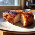 Close-up of a thick, breaded air fryer chicken breast cut in half, showing juicy white meat inside.