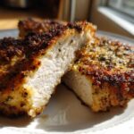 Close-up of perfectly cooked air fryer chicken breast, cut to show juicy white interior and crispy seasoned crust.