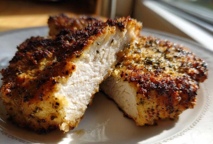 Close-up of perfectly cooked air fryer chicken breast, cut to show juicy white interior and crispy seasoned crust.