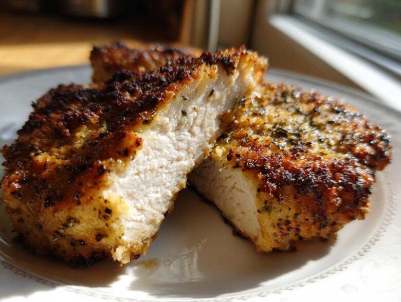 Close-up of perfectly cooked air fryer chicken breast, cut to show juicy white interior and crispy seasoned crust.