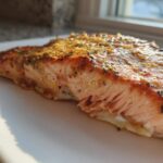 Close-up of a flaky, seasoned piece of air fryer salmon resting on a white plate.