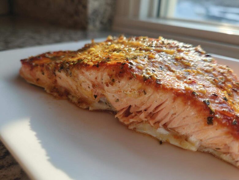 Close-up of a flaky, seasoned piece of air fryer salmon resting on a white plate.