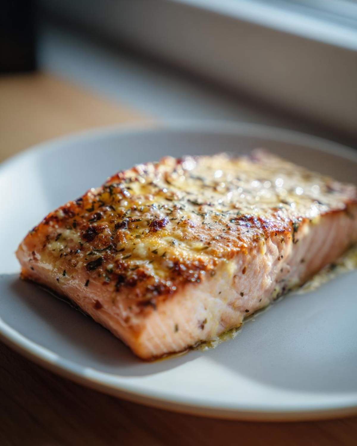 A close-up of a perfectly cooked, seasoned air fryer salmon fillet resting on a light gray plate.