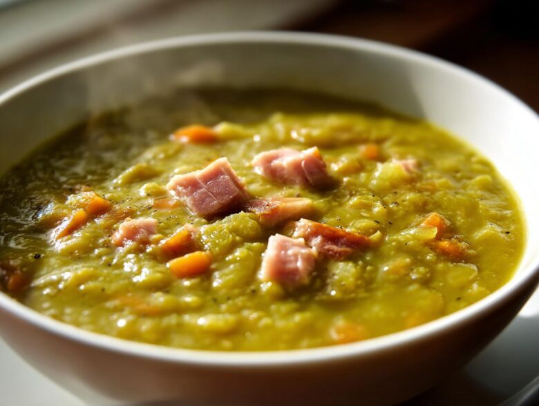 Close-up of a thick, green pea soup topped with diced ham and carrots, perfect for comfort.