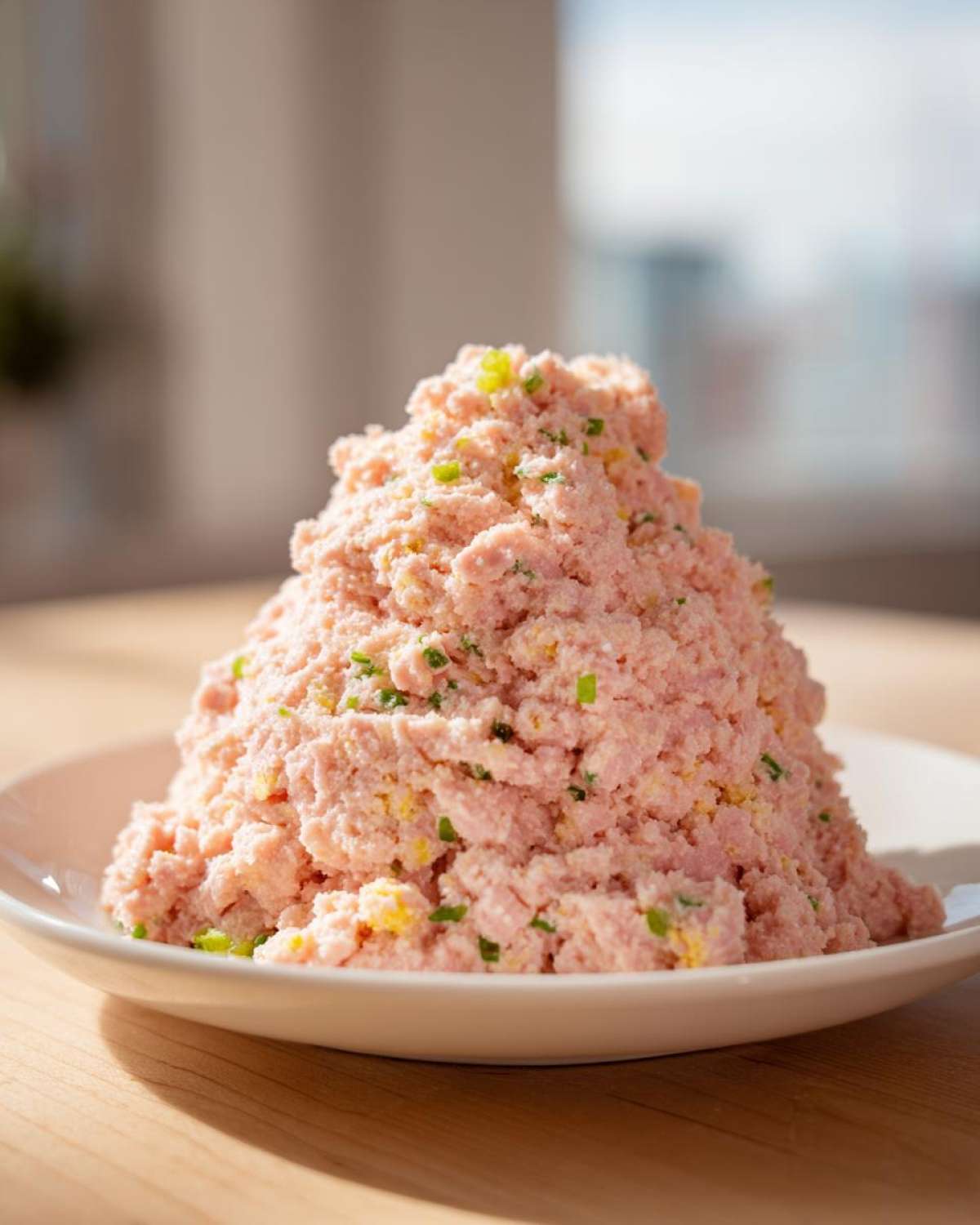 A large mound of freshly made ham salad, mixed with visible bits of egg and green onion, served on a white plate.