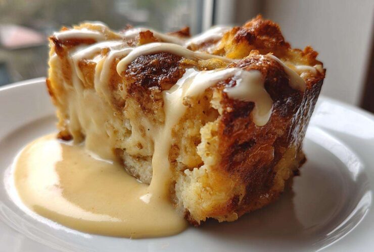 A close-up of a rich, square slice of bread pudding topped with a drizzle of vanilla sauce and sitting in a pool of custard.