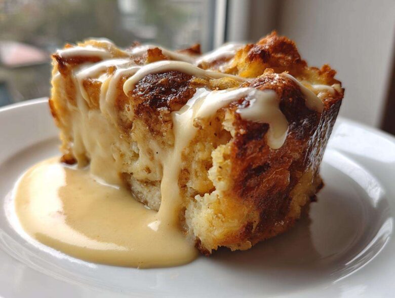 A close-up of a rich, square slice of bread pudding topped with a drizzle of vanilla sauce and sitting in a pool of custard.