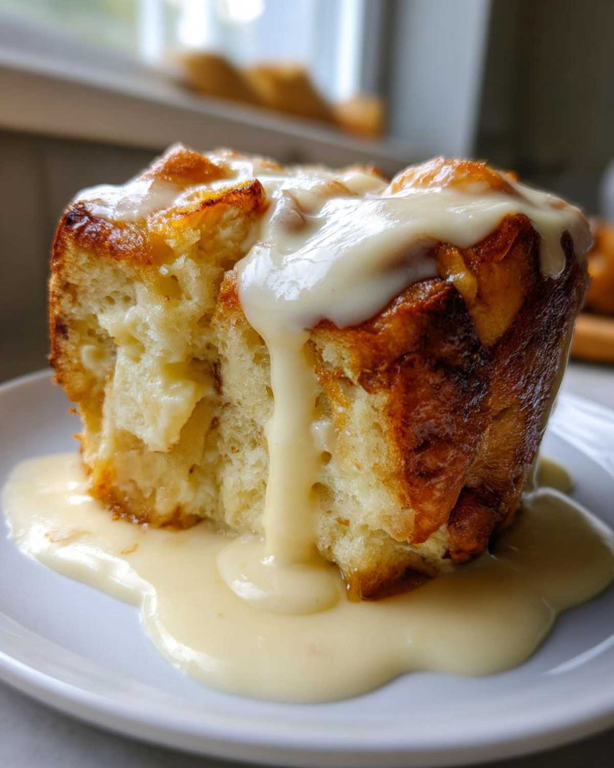 A close-up of a square portion of baked bread pudding topped with thick vanilla sauce dripping down the sides.