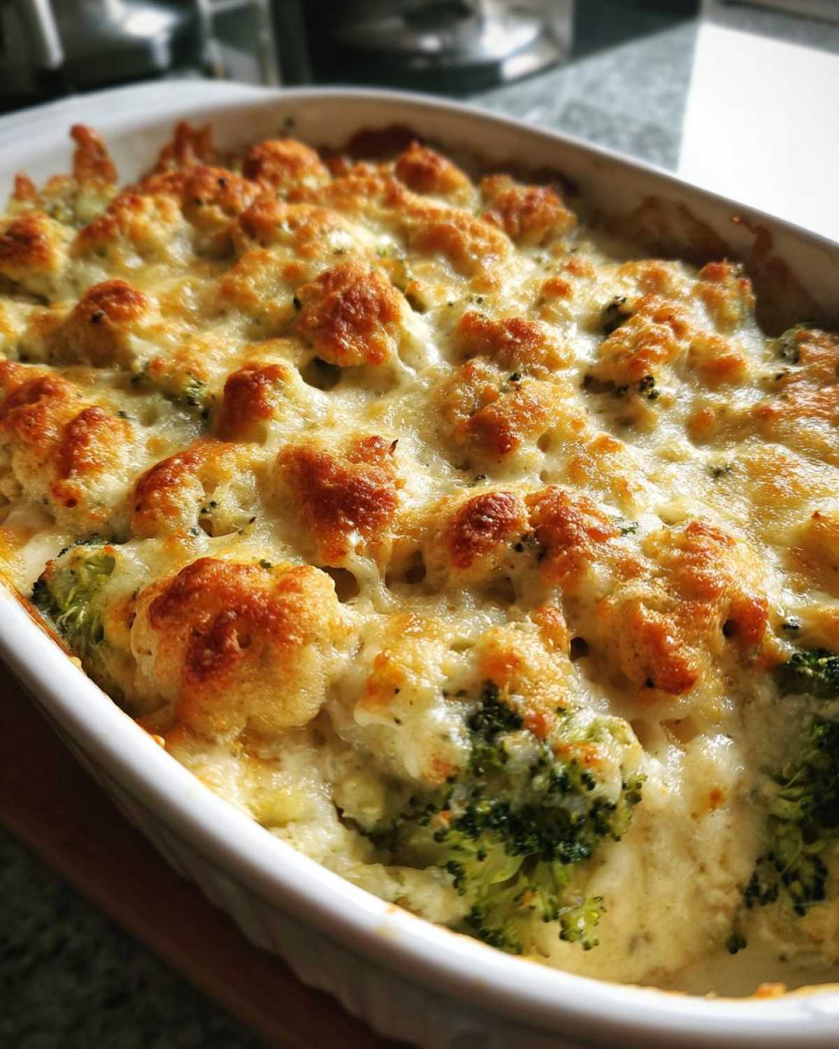 Close-up of a freshly baked broccoli casserole bubbling with creamy sauce and topped with golden, browned cheese.