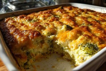 Close-up of a baked broccoli casserole in a white dish, featuring a bubbly, golden-brown cheese crust.