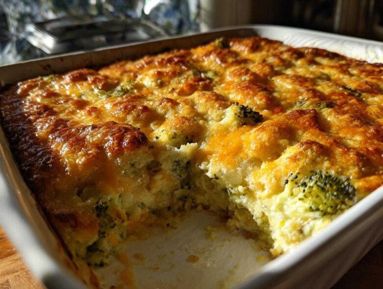 Close-up of a baked broccoli casserole in a white dish, featuring a bubbly, golden-brown cheese crust.