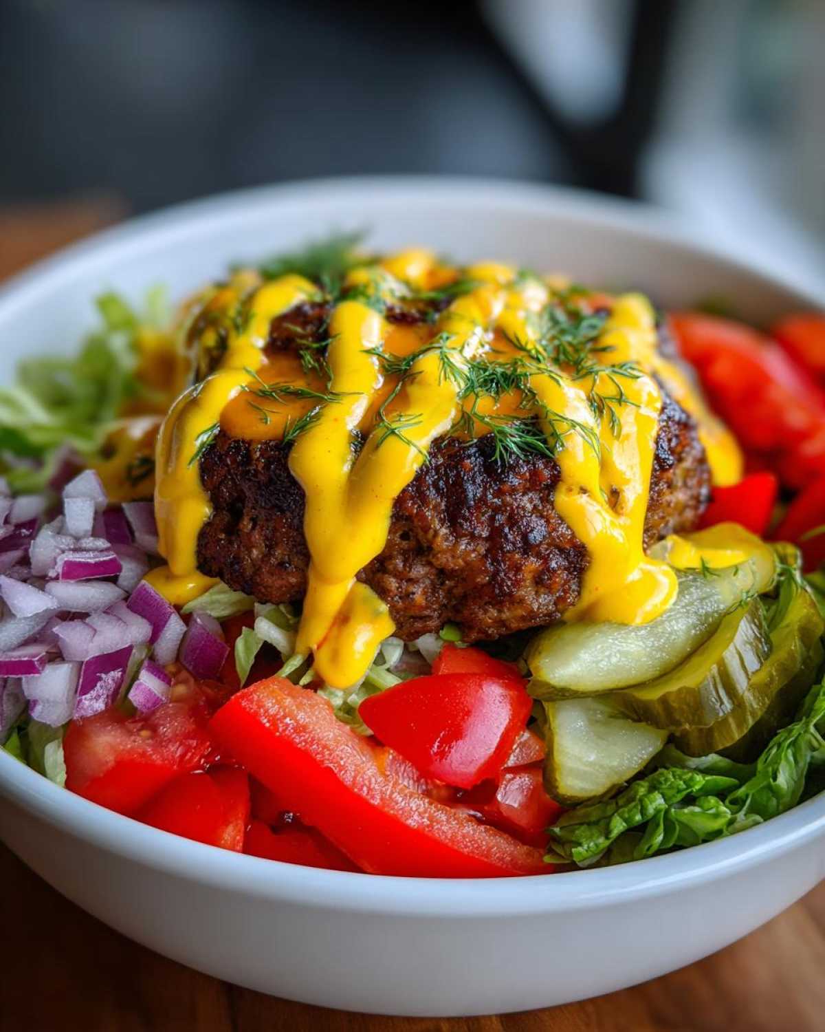 A close-up of an Amazing Cheeseburger Bowl featuring a seasoned patty topped with yellow sauce and dill, surrounded by lettuce, tomatoes, onions, and pickles.