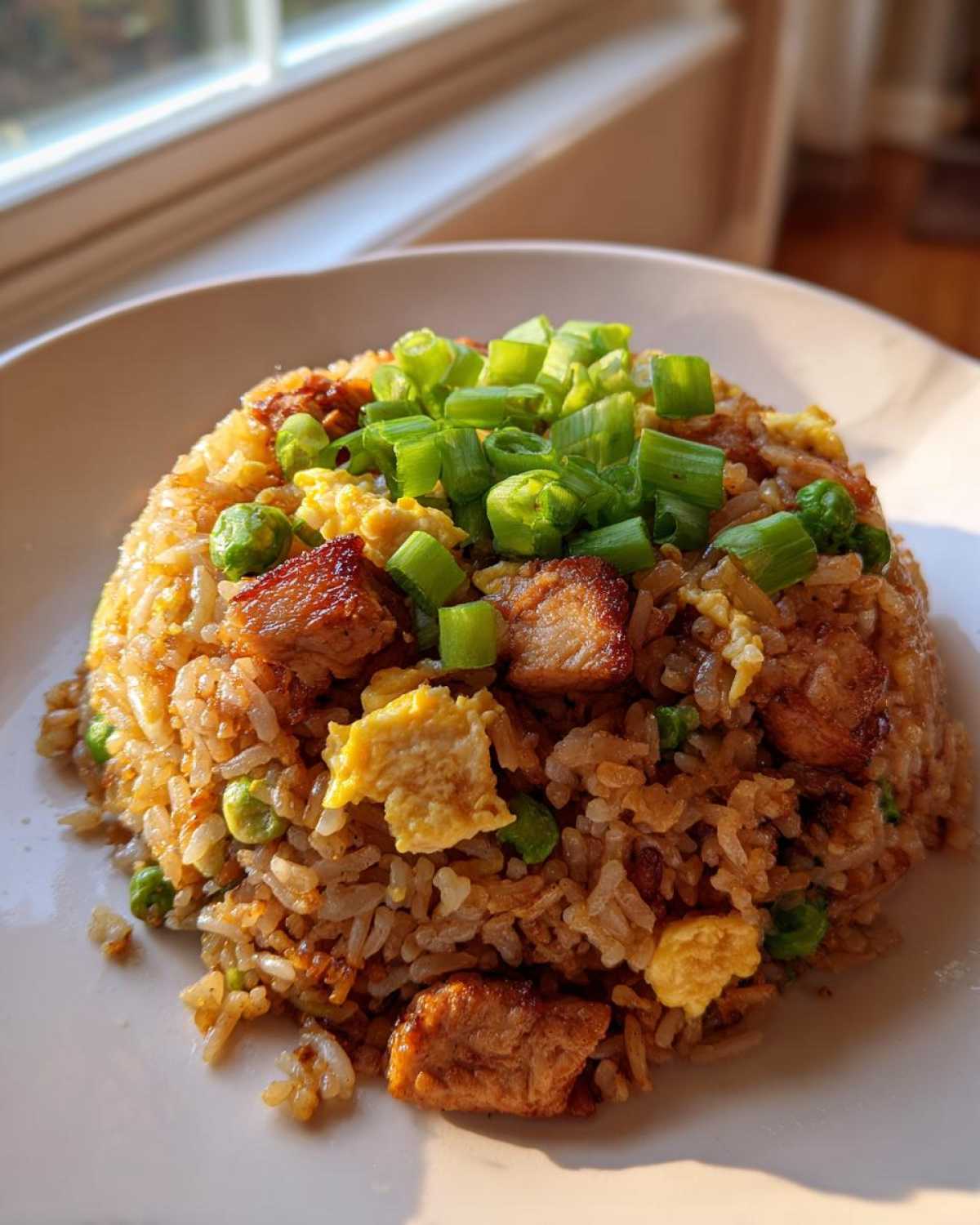 A mound of savory chicken fried rice topped with bright green chopped scallions and visible pieces of chicken and egg.