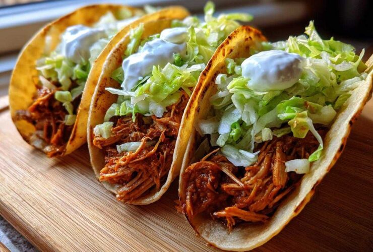 Three hard-shell chicken tacos filled with shredded seasoned chicken, lettuce, and sour cream, sitting on a wooden board.