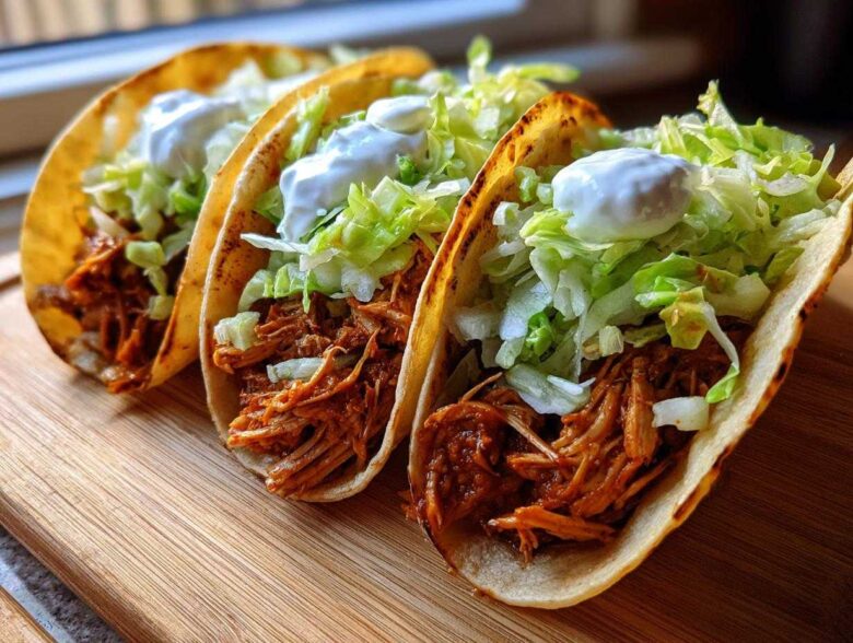 Three hard-shell chicken tacos filled with shredded seasoned chicken, lettuce, and sour cream, sitting on a wooden board.