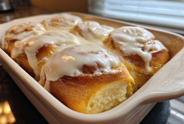 Close-up of warm, glazed cinnamon roll pastries baked together in a white dish.