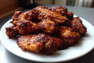 A pile of perfectly crispy and glazed chicken wings resting on a white plate, showcasing the secret to crisp texture.