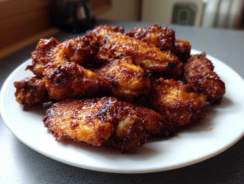 A pile of perfectly crispy and glazed chicken wings resting on a white plate, showcasing the secret to crisp texture.
