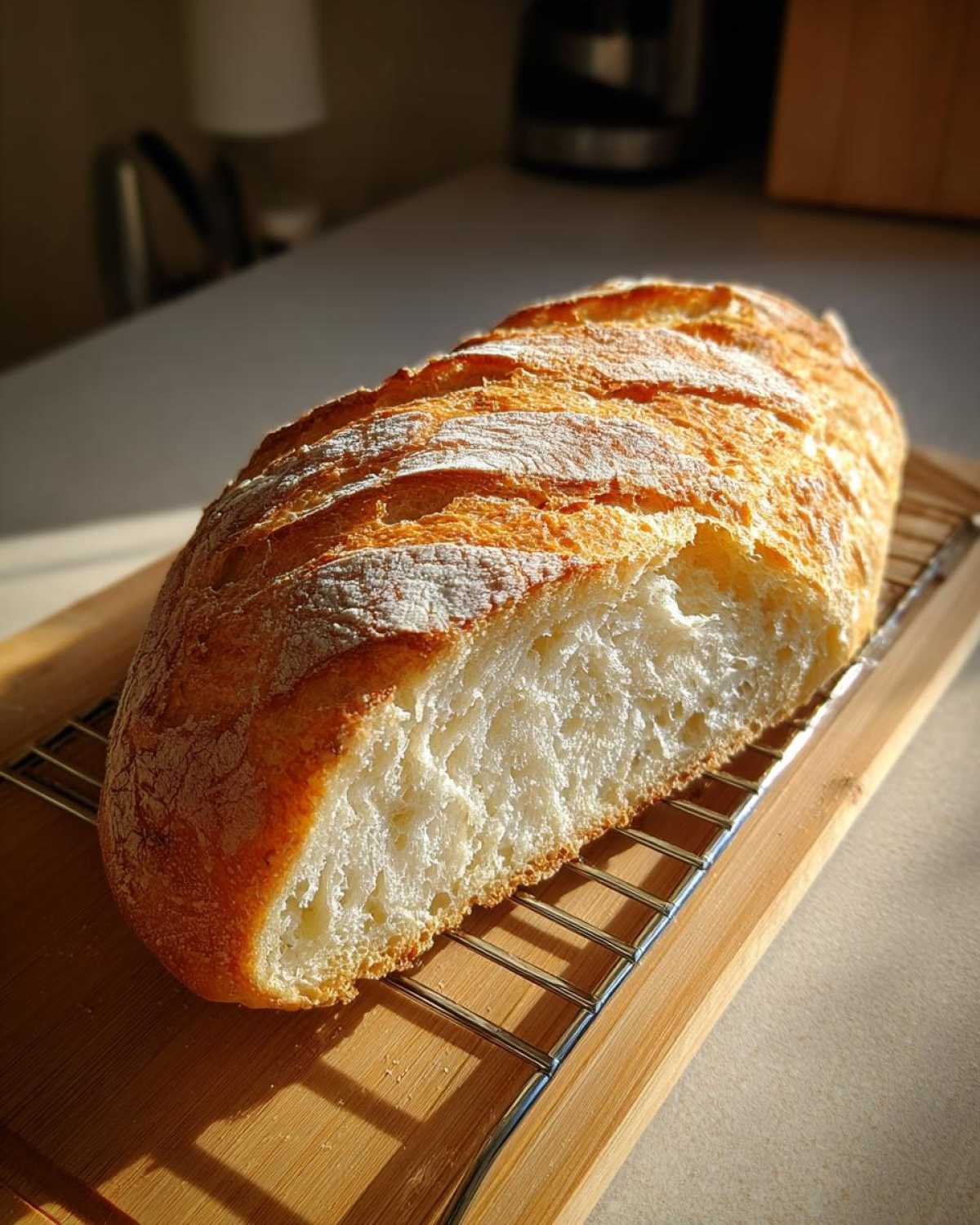 A loaf of crusty, golden-brown French bread, sliced open to show the airy interior, resting on a cooling rack.