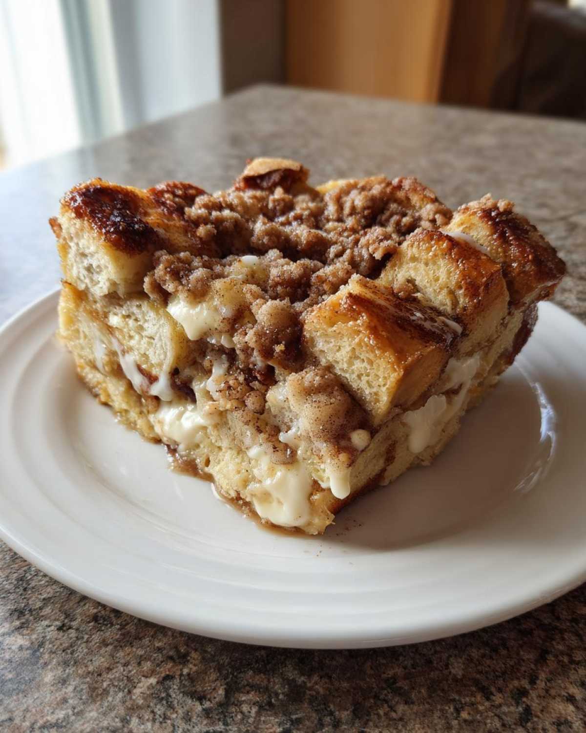 A thick, square serving of amazing french toast casserole with cream cheese filling and streusel topping.