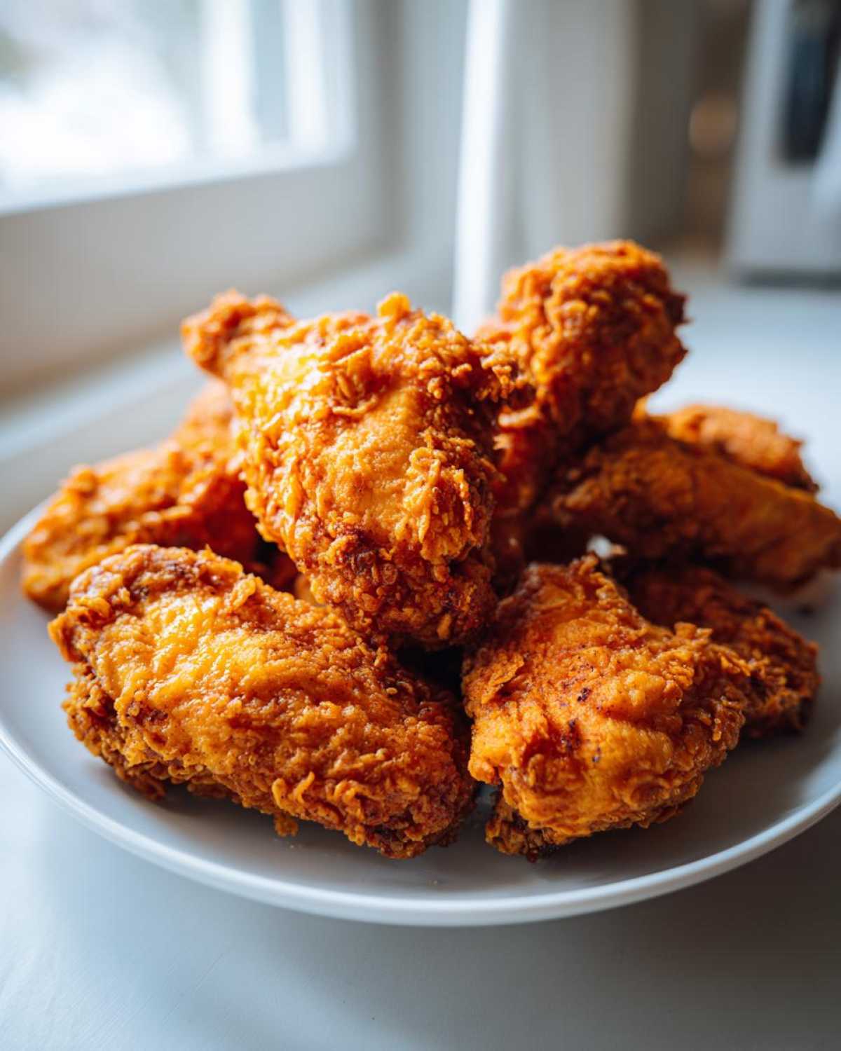 A pile of perfectly golden, crispy fried chicken wings stacked on a white plate.