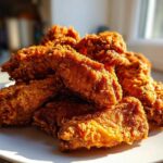 A close-up stack of golden brown, extra crispy fried chicken wings resting on a white plate.