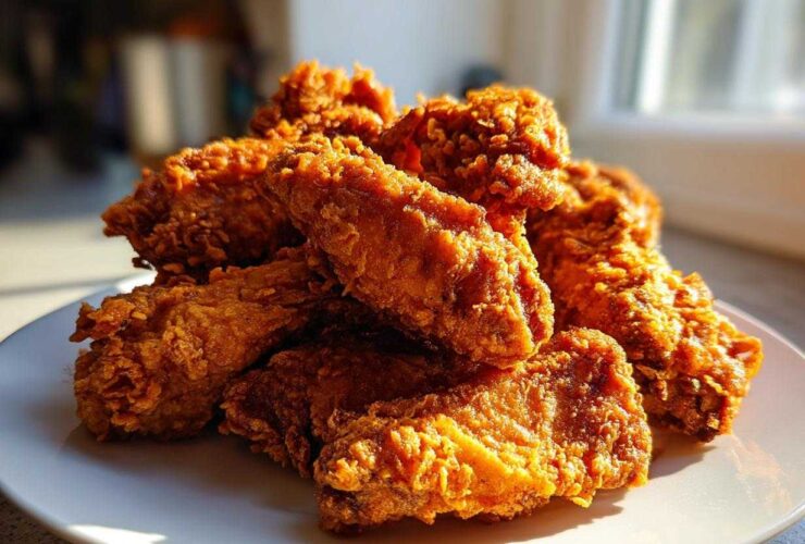 A close-up stack of golden brown, extra crispy fried chicken wings resting on a white plate.