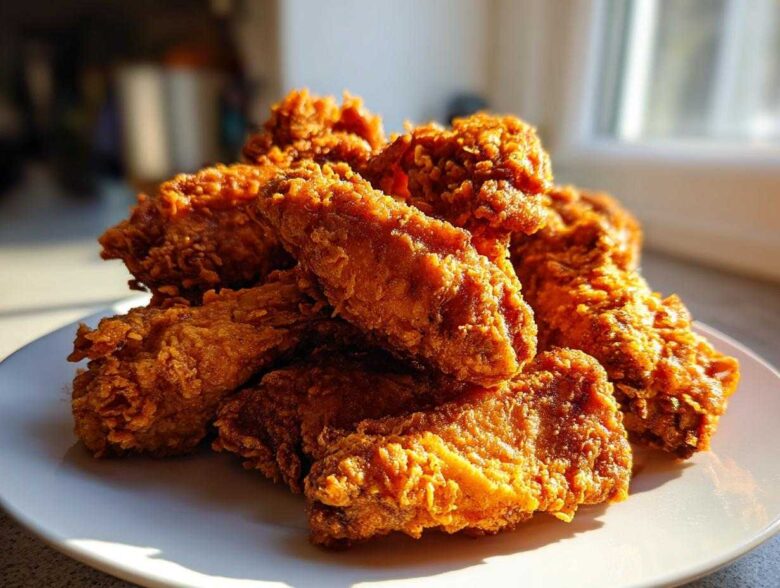 A close-up stack of golden brown, extra crispy fried chicken wings resting on a white plate.