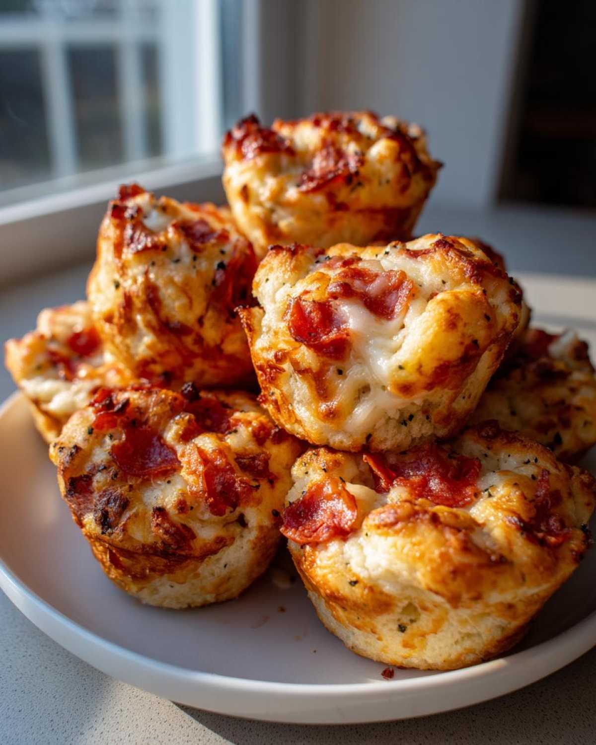 A stack of golden brown, cheesy Pizza Muffins topped with pepperoni, sitting on a white plate.