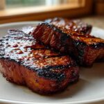 Three thick, glazed pork steak pieces resting on a white plate, showing a dark, sticky exterior.