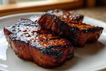 Three thick, glazed pork steak pieces resting on a white plate, showing a dark, sticky exterior.