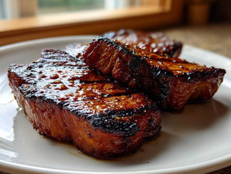 Three thick, glazed pork steak pieces resting on a white plate, showing a dark, sticky exterior.