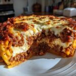 A thick slice of baked spaghetti pie showing layers of pasta, meat sauce, and creamy cheese filling, topped with browned mozzarella.