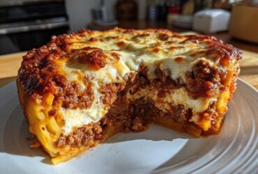 A thick slice of baked spaghetti pie showing layers of pasta, meat sauce, and creamy cheese filling, topped with browned mozzarella.