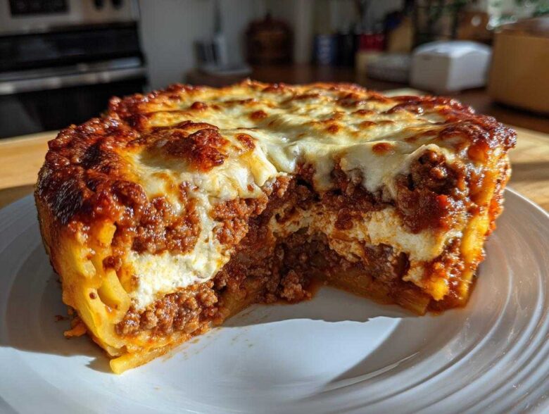 A thick slice of baked spaghetti pie showing layers of pasta, meat sauce, and creamy cheese filling, topped with browned mozzarella.